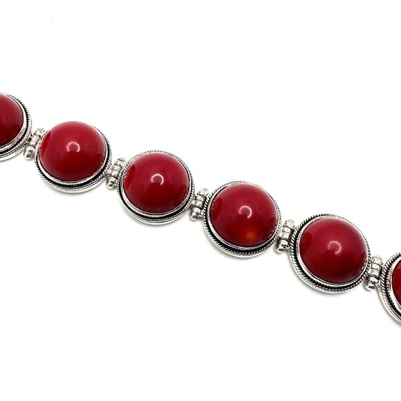 EXEX by Claudia Agudelo Sterling Silver Bamboo Red Coral Station Bracelet 7-1/4" - Picture 3 of 7